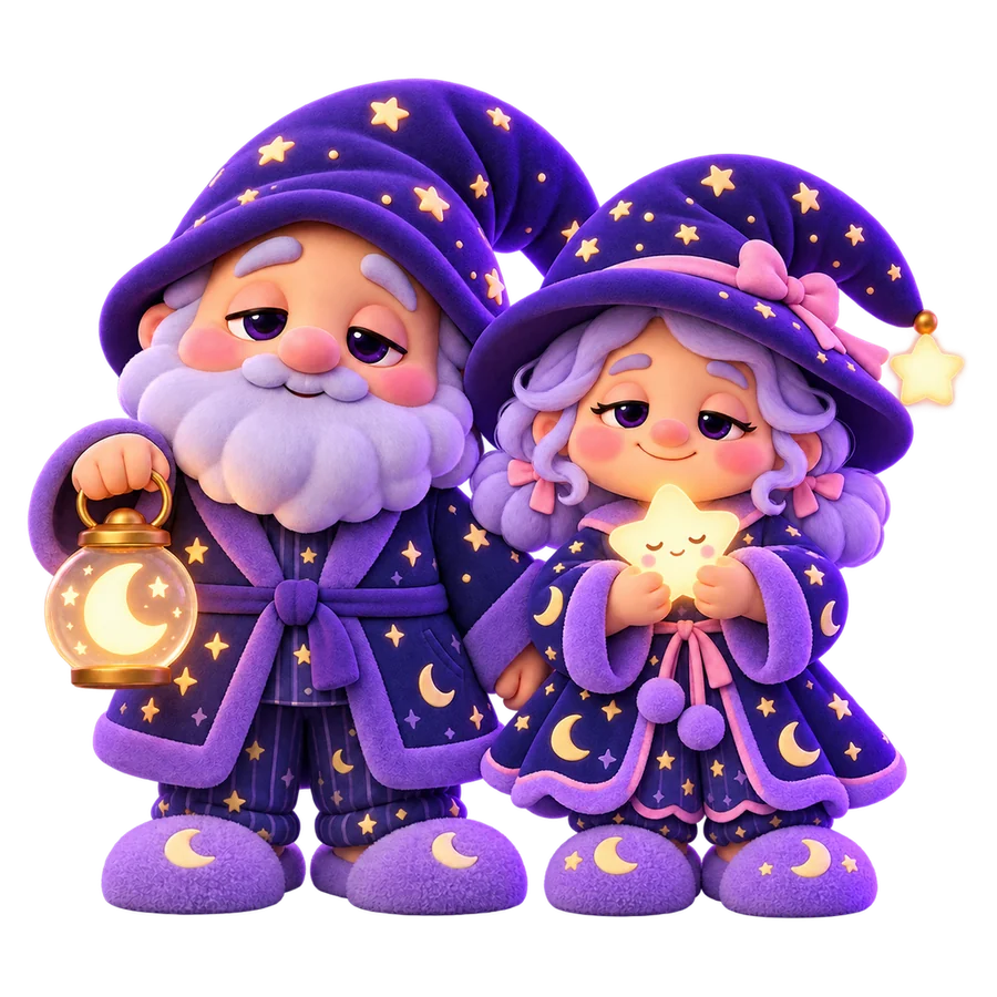 Sleepdalf, a sleepy purple wizard holding a moon lantern, next to Lulla, who holds a glowing star
