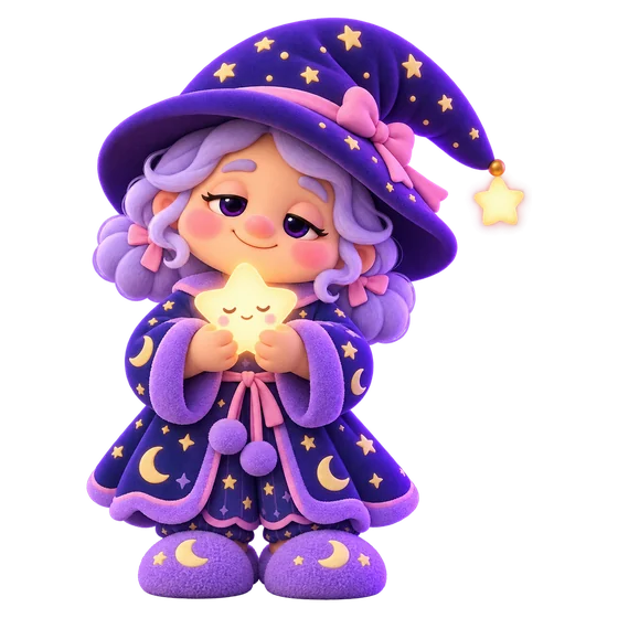 Lulla in a wide purple hat with a pink ribbon, holding a smiling glowing star